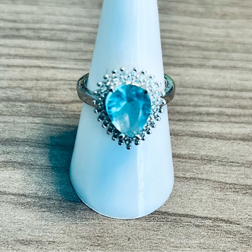 Silver Teardrop Blue Crystal Halo Ring